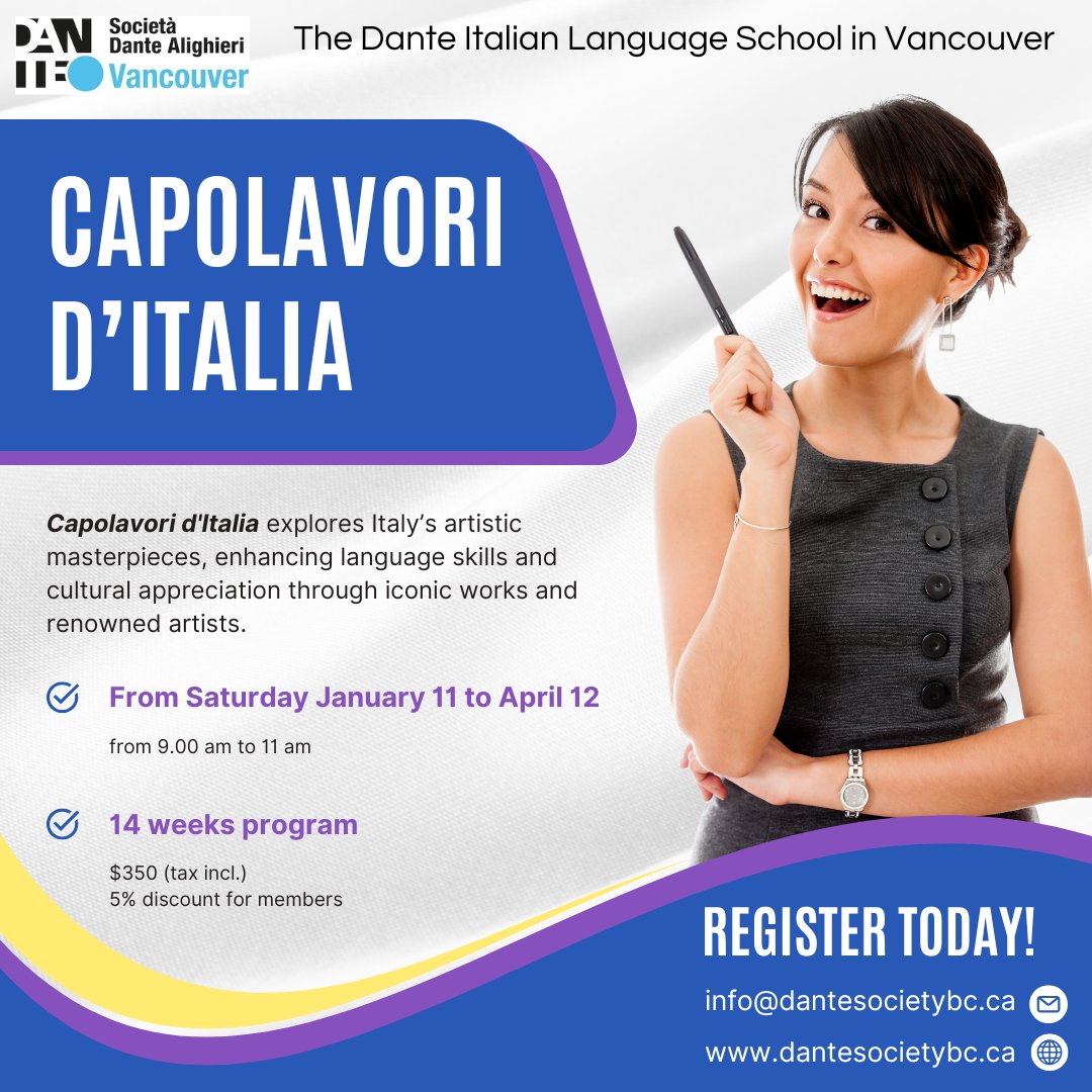 🎨✨ Dive into the heart of Italian art with Capolavori d’Italia! ✨🎨

Explore iconic masterpieces, from breathtaking paintings to awe-inspiring sculptures, while deepening your Italian language skills and cultural knowledge.

📅 Enroll now! Email us at info@dantesocietybc.ca