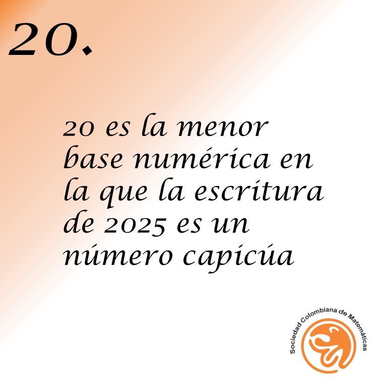 ¿Has oído de bases numéricas? La base 2 se popularizó con la era digital y la base 16 está tras los códigos #Pantone, para darte un par de ejemplos de su importancia. En #25DatosSobre2025 te traemos otra curiosidad sobre 2025, esta vez vía cambios de base.

#MatematicasParaTodos
