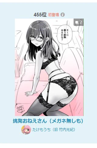 pixivのマンガデイリーランキングに入ってるってメールが来てました。
500位まで入るランキングのギリギリだけど。
見てくれた皆様ありがとうございます。 