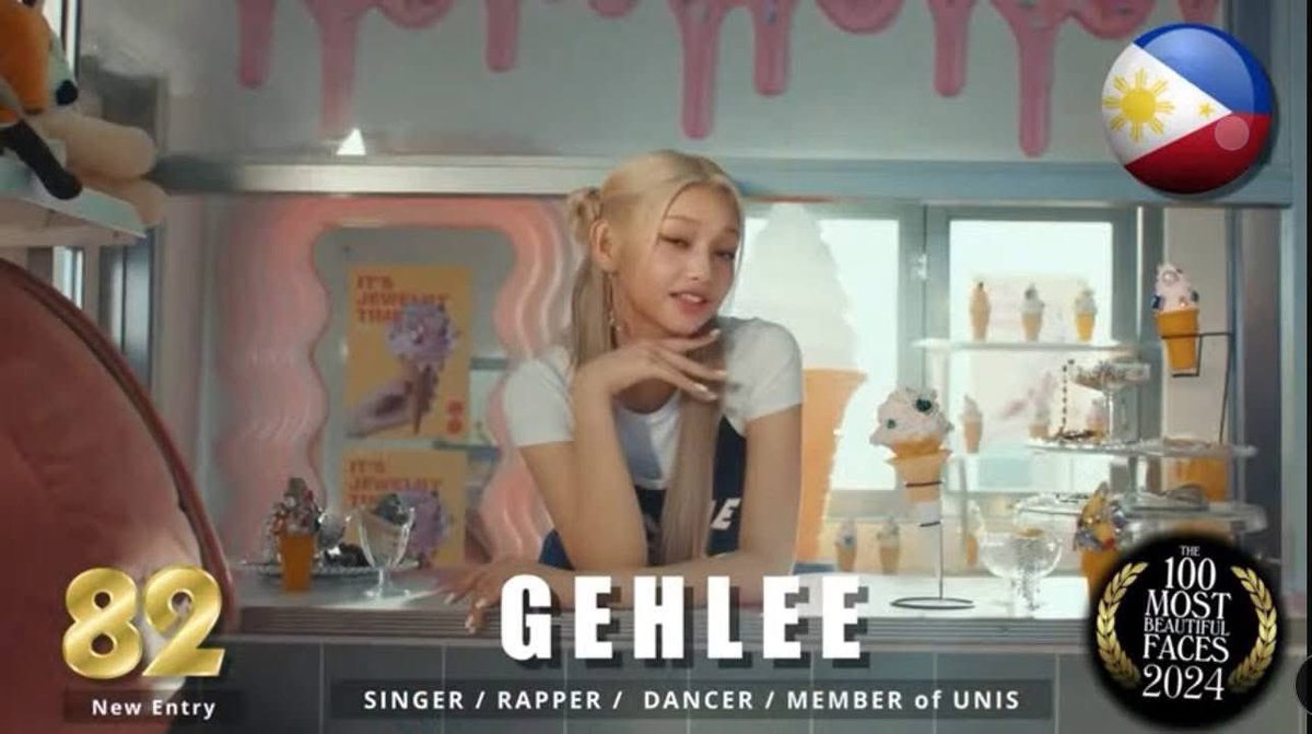 #GLXYartist Gehlee of K-Pop girl group <a href="/UNIS_offcl/">UNIS</a> is named Top 82 in UK-based TC Candler’s “The 100 Most Beautiful Faces of 2024”! 😍

1: Andrea Brillantes
28: Janine Gutierrez
31: Liza Soberano
52: Belle Mariano 
69: Ivana Alawi
82: Gehlee Dangca of UNIS
88: Aiah Arceta of BINI