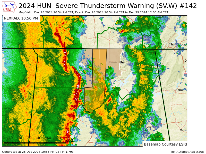 HUN issues Severe Thunderstorm Warning [wind: 60 MPH (OBSERVED), hail: <.75 IN (RADAR INDICATED)] for Cullman, Limestone, Madison, Morgan [AL] till Dec 29, 12:00 AM CST mesonet.agron.iastate.edu/vtec/f/2024-O-…