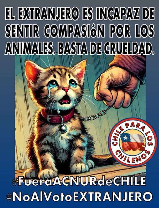 CONTRAyAVANZADA's tweet image. Violaciones, apuñalamientos, torturas, faenamiento y asesinato son algunas de las prácticas que muchos extranjeros han llevado a cabo con nuestros animales. 

EN CHILE, LOS POLÍTICOS RETIENEN A LOS EXTRANJEROS POR SU VOTO 

#NoAlVotoEXTRANJERO

#ChileParaLosCHILENOS🇨🇱