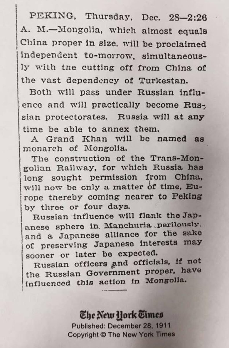 113 жилийн өмнө буюу 1911 оны 12 сарын 28-ны The New York Times дээр гарсан Монголын тусгаар тогтнолын тухай мэдээ: “Монгол нь маргааш Чингээс тусгаар тогтнолоо зарлана. Өөрийн Их хааныг хаан ширээндээ зална. Энэхүү тусгаар тогнол нь Хятадыг Туркестанаас тасдана. Гэхдээ Монгол нь