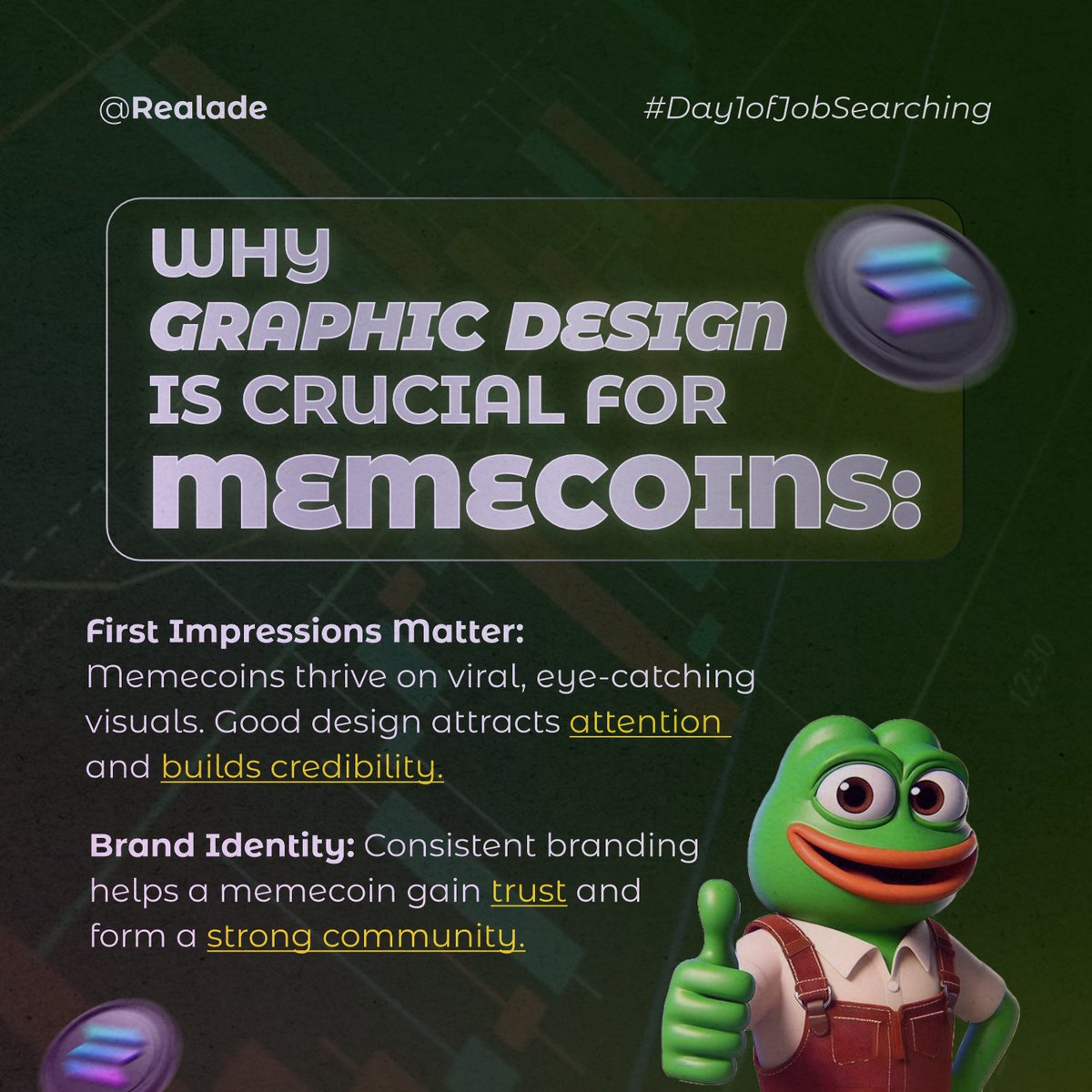 reignstudio_a's tweet photo. Day 1 of my job search journey! 🎨 Memecoin success begins with powerful design.
Let me help you create unforgettable graphics. 🧵👇
#GraphicDesign #JobSearchChallenge #memecoin #solana #web3 #project #VideoEditing https://t.co/AjrD9wWXMX