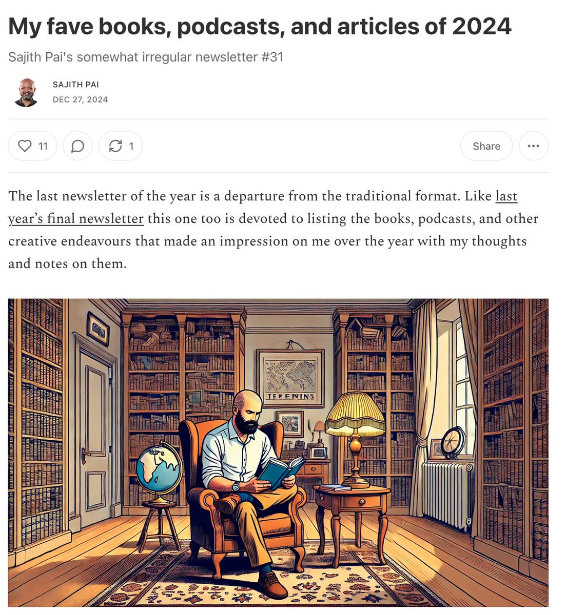 2024's last issue of my somewhat irregular newsletter drops. Brings together all of my reading, listening recommendations in one place, and also a brief look back at the year. Enjoy!