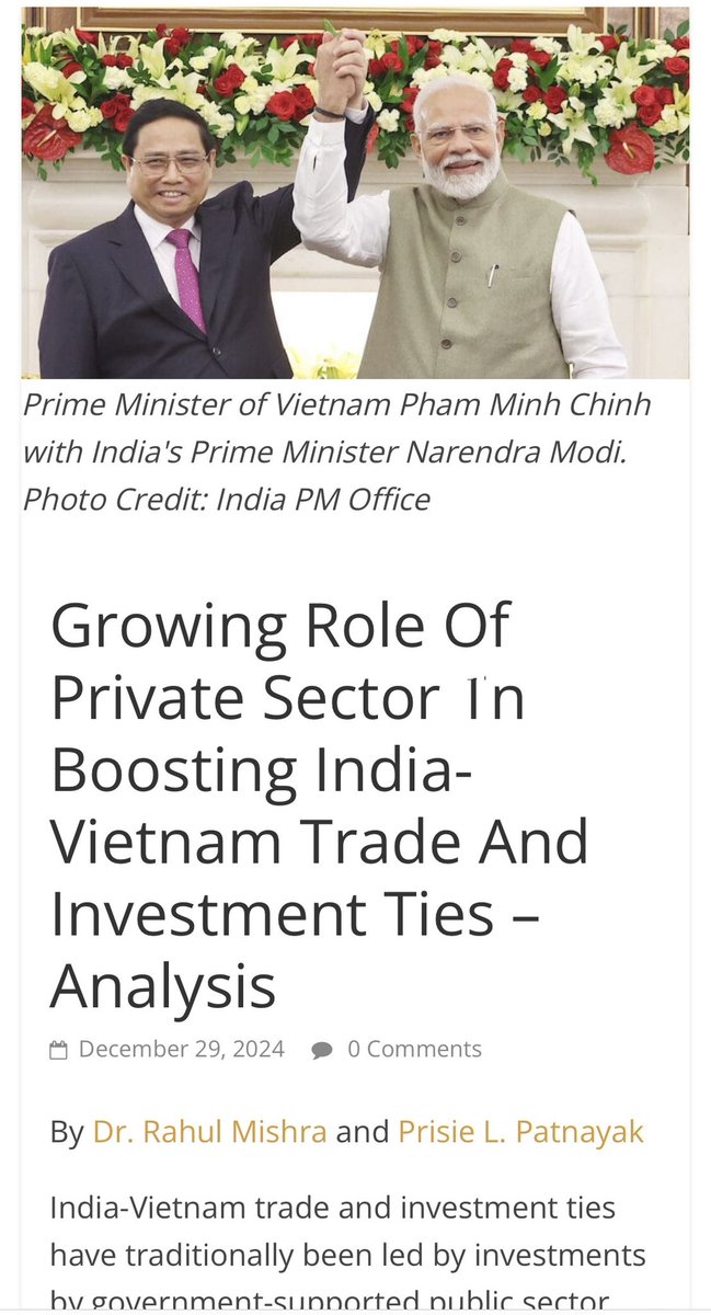 Rahul Mishra (@rahulmishr_) on Twitter photo Vietnam’s impressive economic growth & emergence as a major investment hub in the #IndoPacific region in recent years caught the attention of🇮🇳industry giants, brightening prospects for stronger 🇮🇳 🇻🇳 trade & investment relations, latest piece for <a href="/EurasiaReview/">Eurasia Review</a> with <a href="/prisie_l/">Prisie L. Patnayak</a> Vietnam’s impressive economic growth & emergence as a major investment hub in the #IndoPacific region in recent years caught the attention of🇮🇳industry giants, brightening prospects for stronger 🇮🇳 🇻🇳 trade & investment relations, latest piece for <a href="/EurasiaReview/">Eurasia Review</a> with <a href="/prisie_l/">Prisie L. Patnayak</a>