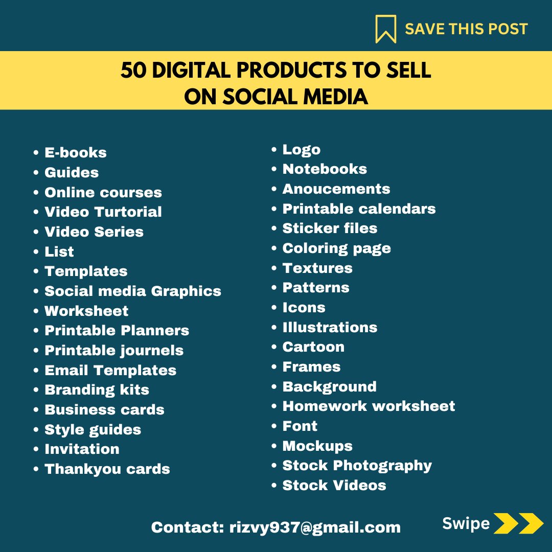 islamrizvy937's tweet photo. 50 Digital Product Ideas for Selling on Social Media.

There are multiple products you can create or services you can sell through Social Media just you need To do some Effort

#socialmediamarketing #abidulislamrizvy #withdynamo #Xmarketing #onlinegrowth #DigitalMarketing https://t.co/nJqpJtokVN