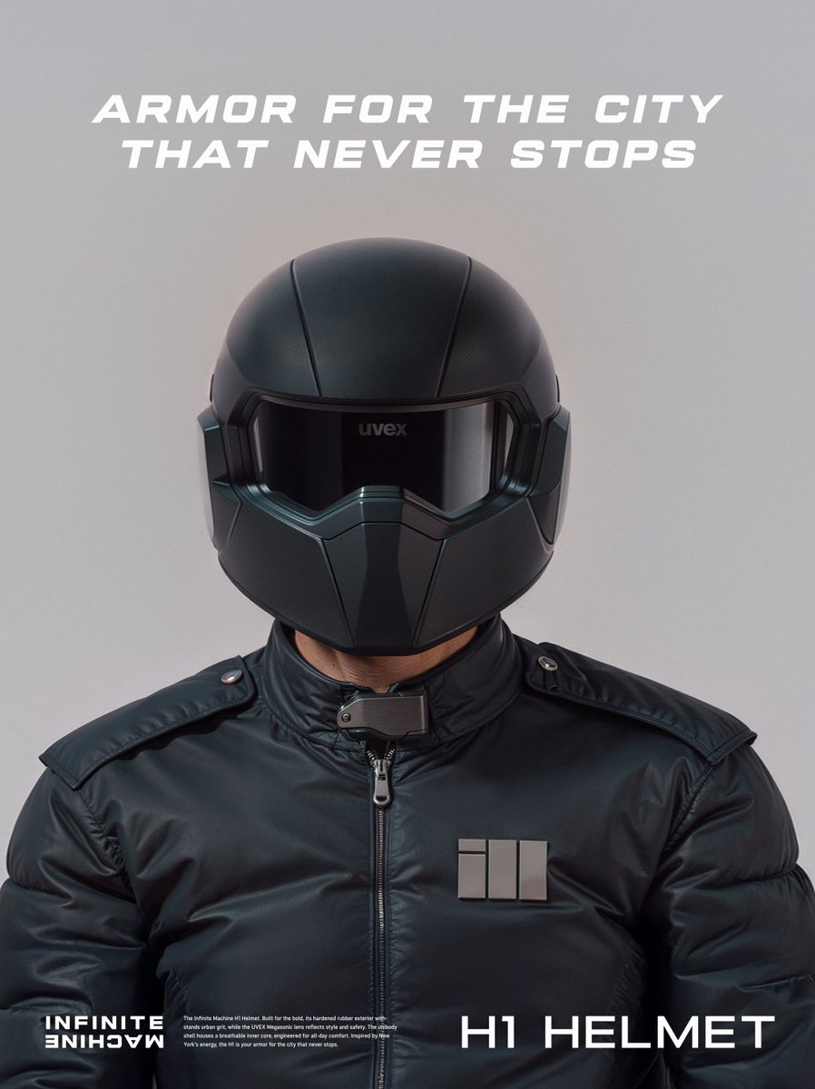 whereskap's tweet photo. Inspired by New York’s energy, the H1 is armor for the city that never stops.

Helmet and jacket design for @infinitemachine 
Designed in @wand_app 

Hardened rubber exterior membrane
UVEX Megasonic® tinted lens
High-performance breathable inner shell
Lightweight unibody construction