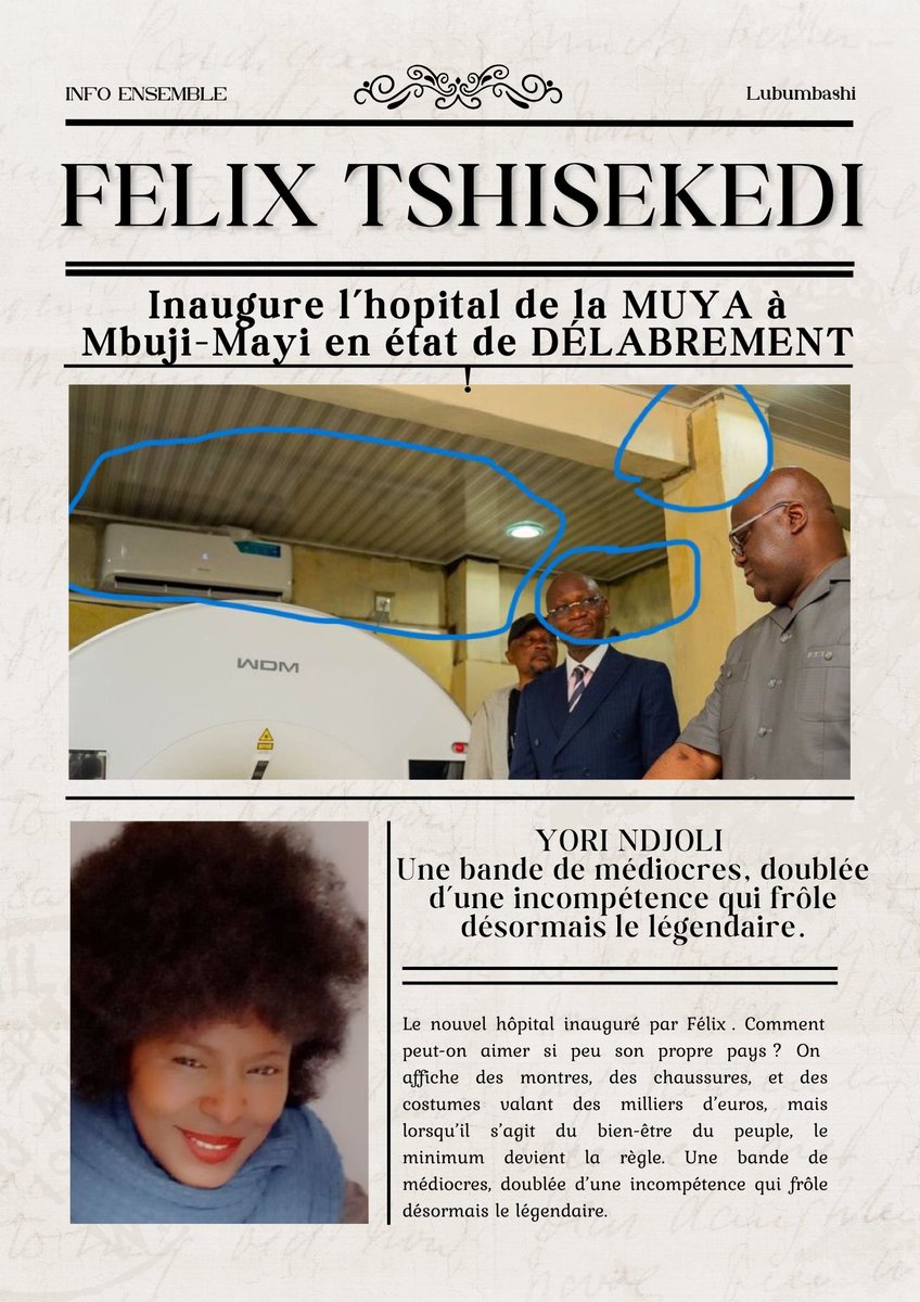 Felix Tshisekedi inaugure l’hôpital de la MUYA à  Mbuji-Mayi en état de délabrement! 

Pour <a href="/YNdjoli/">Yori Ndjoli</a> Comment peut-on aimer si peu son propre pays ? On affiche des montres, des chaussures, et des costumes valant des milliers d’euros, mais lorsqu’il s’agit du bien-être du peuple…
