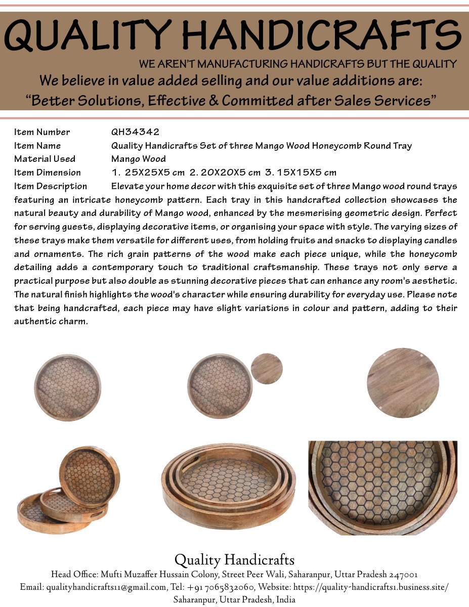 qualitycrafts0's tweet photo. A set of three Mango Wood Honeycomb Round Tray comes with handles on the sides. There is a textured design on the top that accentuates the look. Available in round shape, it complements all kinds of dining room accessories. #Decoration #homedecorideas #KitchenEssentials https://t.co/khweSbjtsa