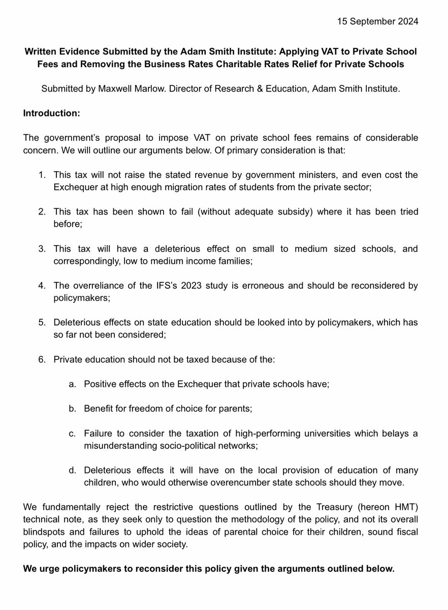 EdOBrien's tweet photo. This paper, produced in response to the government’s consultation on taxing independent education, is very good. Ministers would have been wise to have followed the advice contained in it to prevent negligence and future political embarrassment. (Full paper linked below). https://t.co/ncz46sRs86