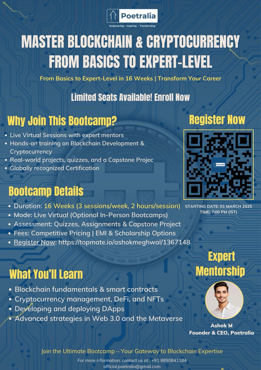 TheAshokMeghwal's tweet image. Blockchain &amp;amp; Cryptocurrency: From Fundamentals to Expert-Level Mastery With @poetralia!
Register Here: topmate.io/ashokmeghwal/1…

#BlockchainMastery #CryptoBootcamp #BlockchainTechnology #CareerDevelopment #LearnWithPoetralia #AshokM #DigitalRevolution #SmartContracts #Web3 #DeFi