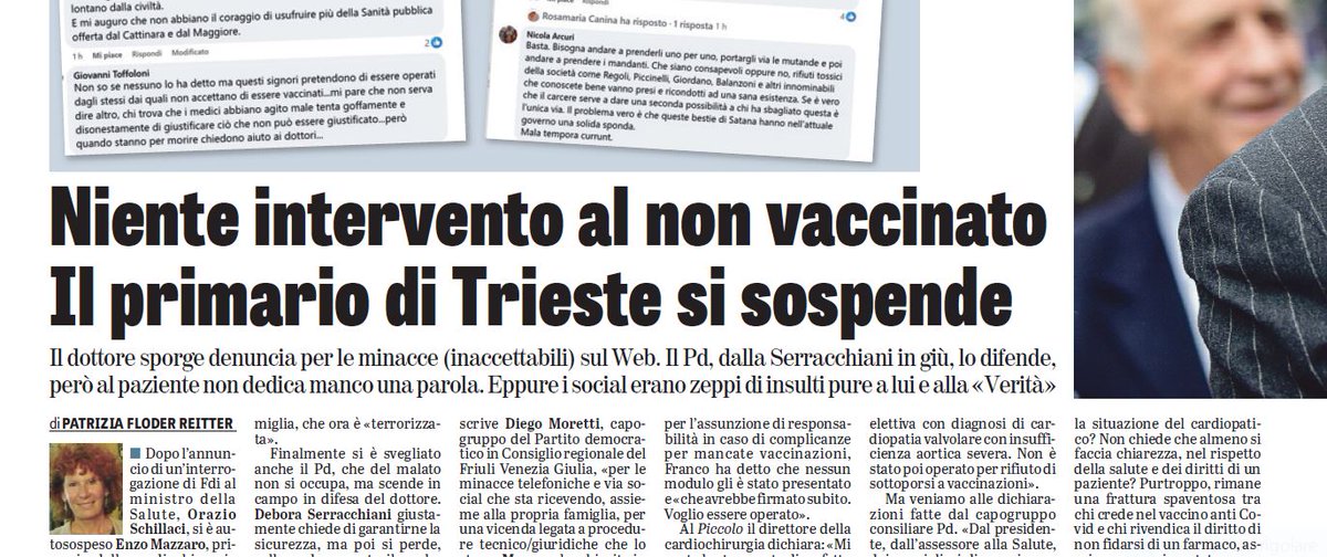 Il Pd solidarizza con il primario e fa bene, ma non ha una parola per il paziente tolto dalla lista perché non vaccinato. Intanto si moltiplicano i messaggi di odio per chi rifiuta l'anti Covid. E siamo nel 2024 <a href="/LaVeritaWeb/">La Verità</a>
