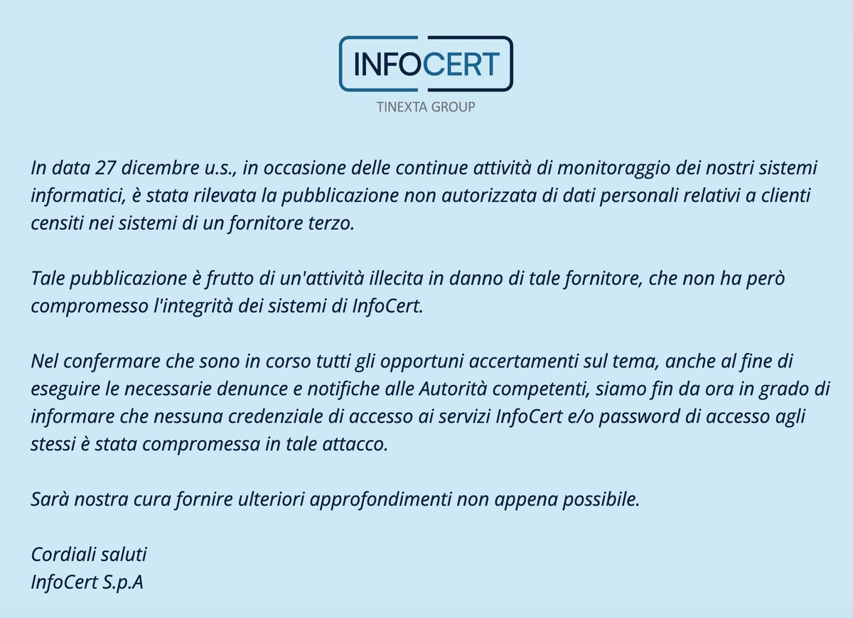 Claudio (@sonoclaudio) on Twitter photo La stampa nazionale ha fatto a gara per veicolare la notizia (non la troverete da nessuna parte).
Nel mentre, il comunicato ufficiale di <a href="/InfoCert_it/">Tinexta infocert</a>
🔗 promo.infocert.it/comunicazione-… La stampa nazionale ha fatto a gara per veicolare la notizia (non la troverete da nessuna parte).
Nel mentre, il comunicato ufficiale di <a href="/InfoCert_it/">Tinexta infocert</a>
🔗 promo.infocert.it/comunicazione-…