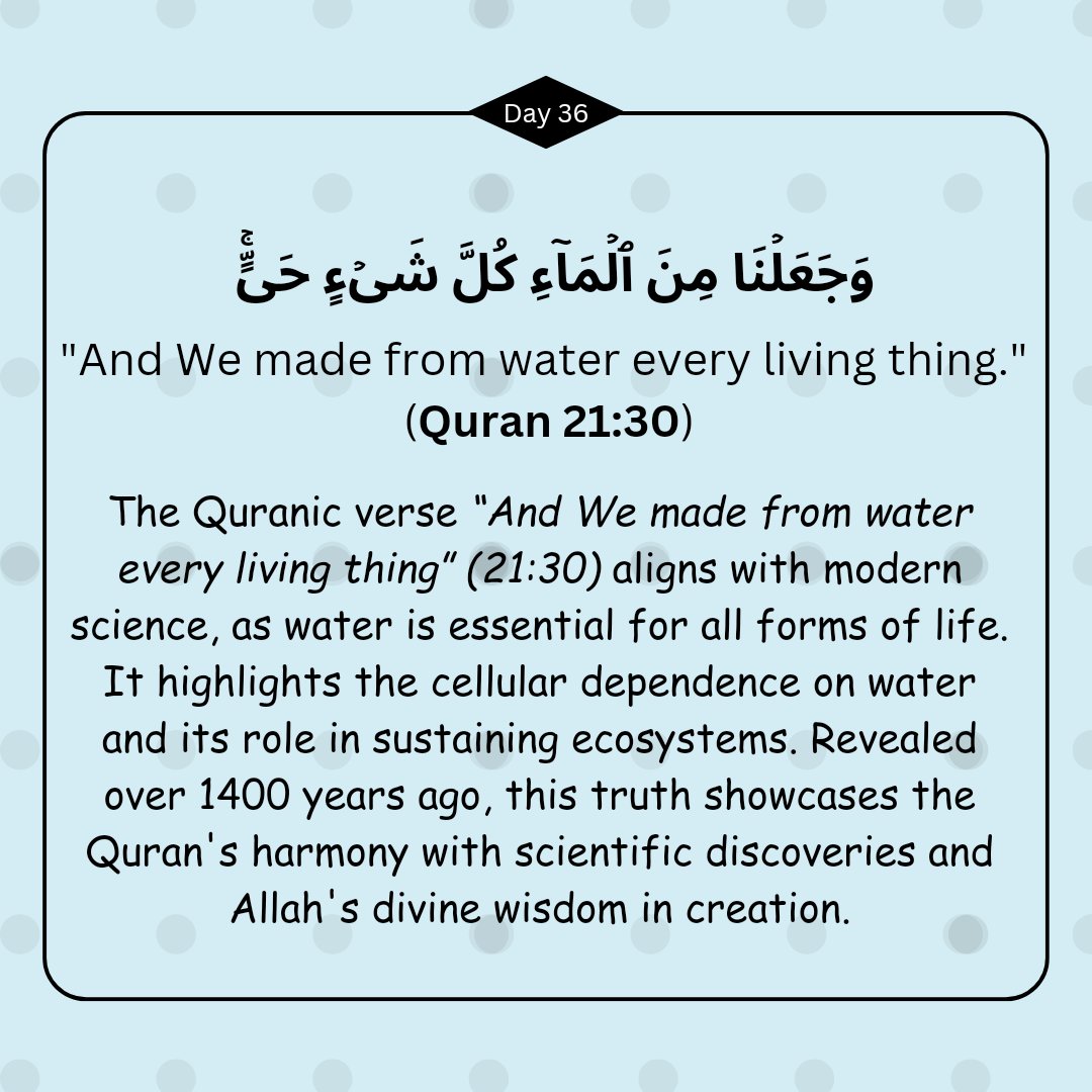 VERSERFLECTIONS's tweet image. Water, the essence of life, reminds us of Allah's infinite wisdom. Science confirms what the Quran revealed 1400 years ago—a timeless truth! 🌊

#QuranAndScience #DivineWisdom #IslamicReflections