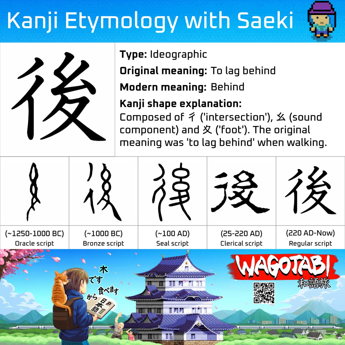 Do you also feel slow when walking with a group of friends? Then this Kanji  is for you! #wagotabi #japanese #japan #kanji #後 #education #learnjapanese  #nihongo #etymology #rpg #game #adventure #history #甲骨文