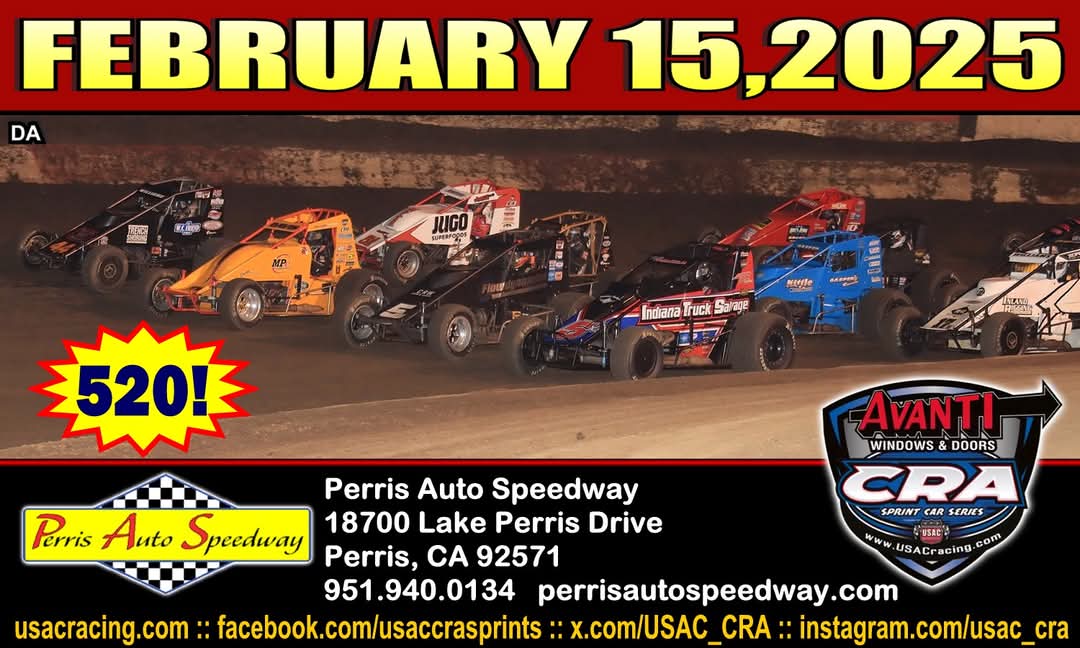 USAC_CRA's tweet photo. The February 15th "Season Opener" at Perris Auto Speedway will be the 520th event in the history of the Avanti Windows & Doors USAC/CRA Sprint Car Series. Photo by Doug Allen. #USAC #USAC410 #usacnation #usacracing #usaccra #usacsprints #usaccrasprints #sprintcar #racing #avanti https://t.co/pwSiiVlbjN