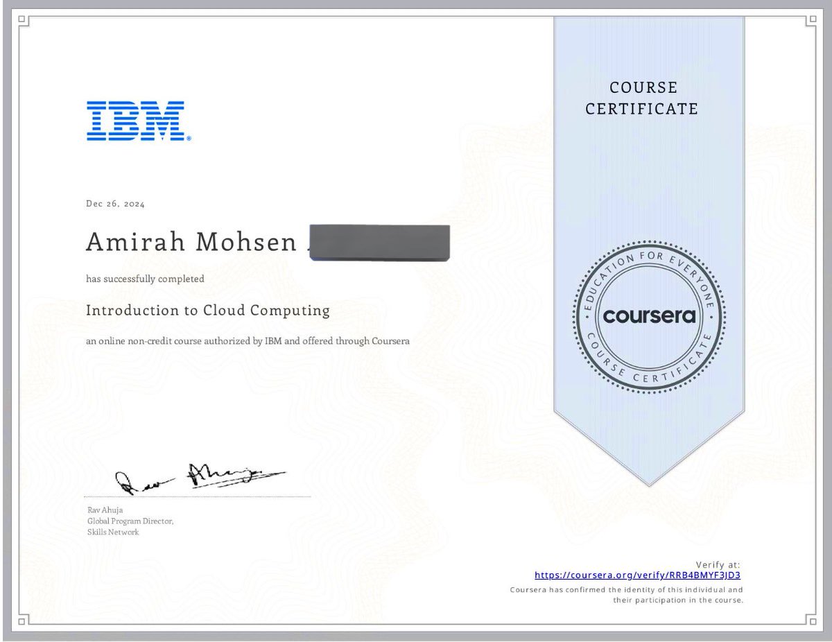 mira_coder's tweet image. ولله الحمد حصلت على شهادة
Introduction to #Cloud_Computing تعلمت أساسيات الحوسبة السحابية، النماذج SaaS وPaaS وIaaS، وغيره
خطوة جديدة للأمام نحو #الحوسبة_السحابية #IBM