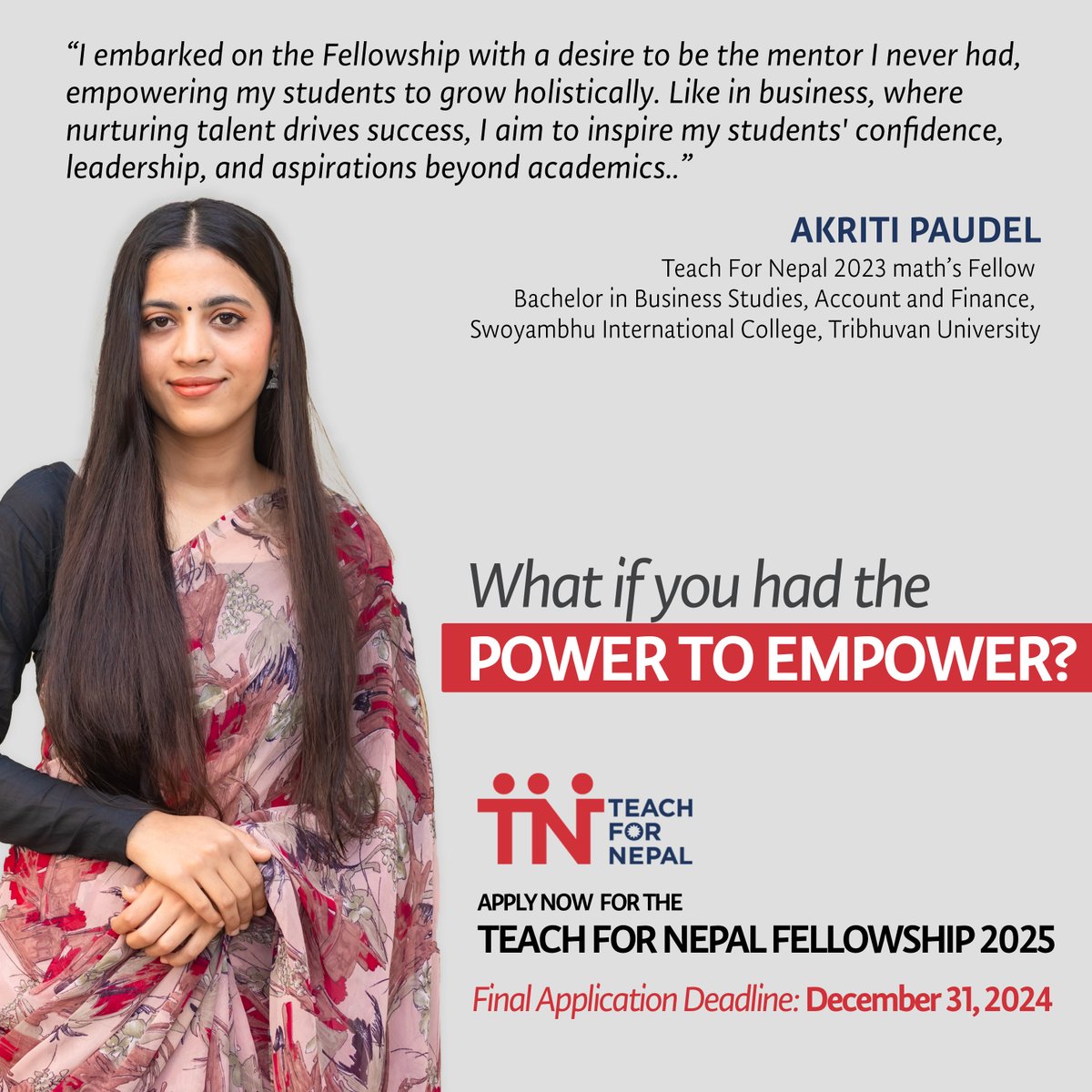 From witnessing TFN Fellows in my community to becoming one myself, I’m transforming classrooms into spaces where students dream big and grow holistically. Join the movement for education equity! Apply for Teach For Nepal Fellowship 2025 by Dec 31. #TeachForNepal