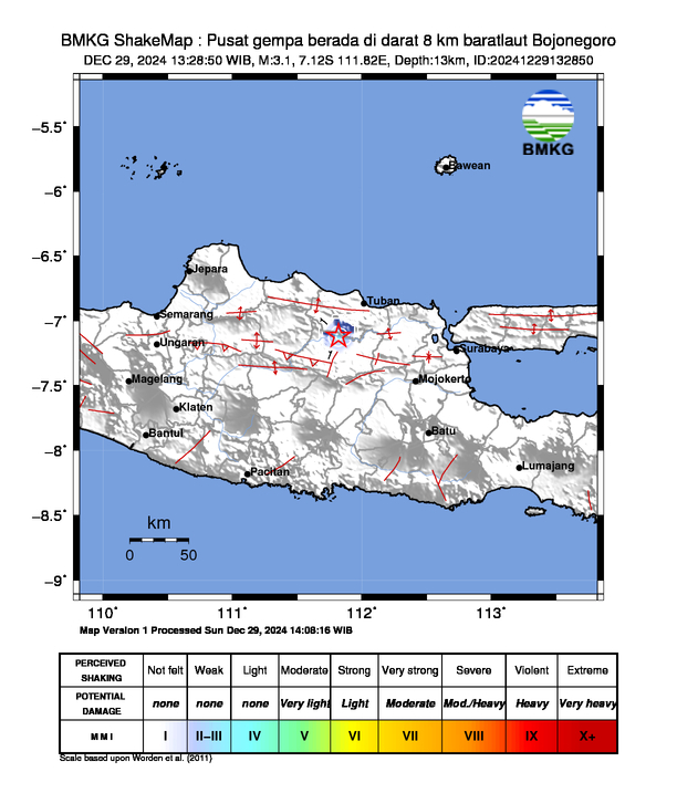 infoBMKG's tweet photo. #Gempa (UPDATE) Mag:3.1, 29-Des-24 13:28:50 WIB, Lok:7.12 LS, 111.82 BT (Pusat gempa berada di darat 8 km baratlaut Bojonegoro), Kedlmn:13 Km Dirasakan (MMI) II Bojonegoro #BMKG https://t.co/6x09qnyXcg
