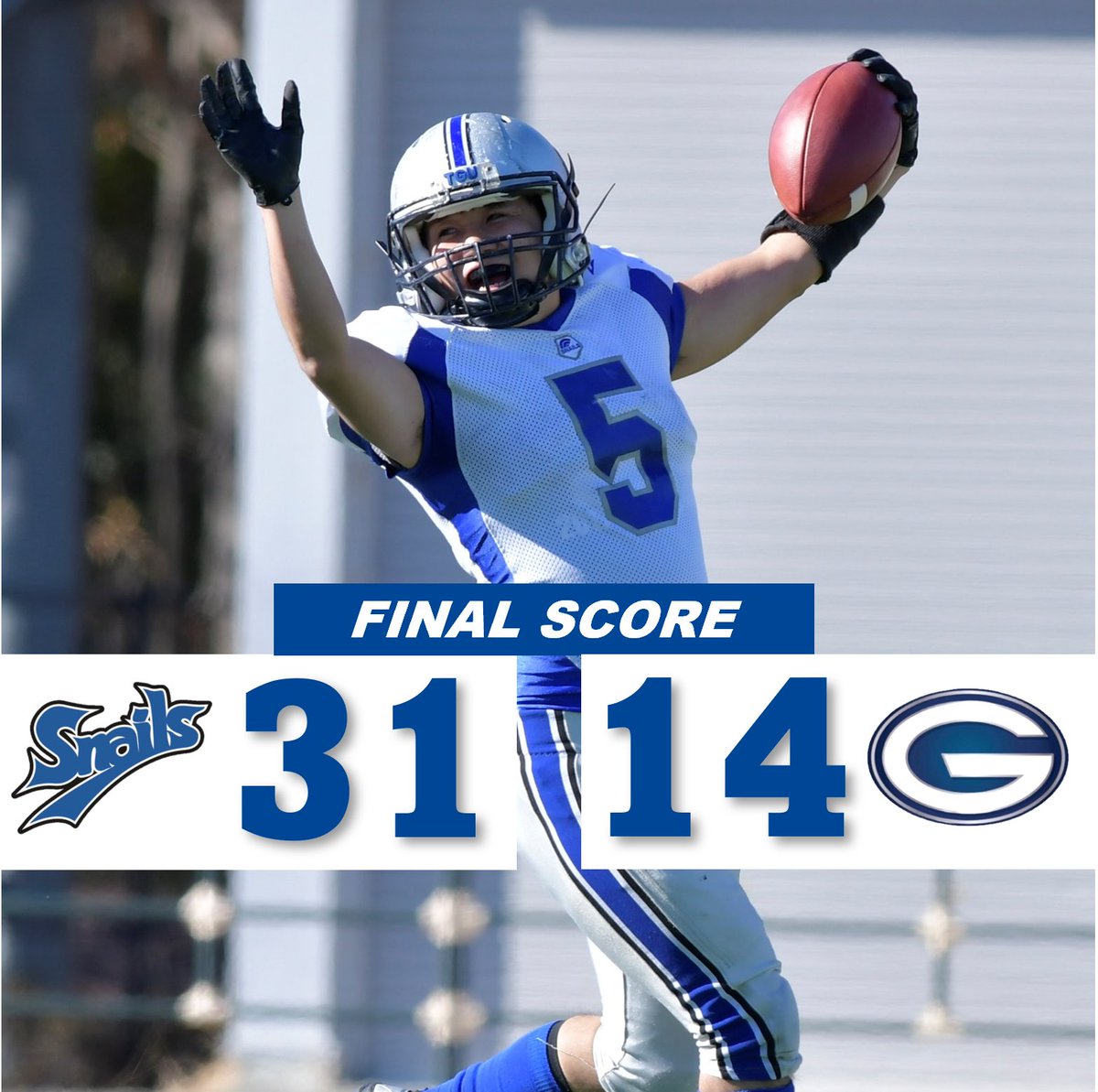 【学習院大学 GENERALS戦の結果報告】

SNAILS 31-14 GENERALS

学習院大学に勝利し、「2部リーグ昇格」を達成することができました！
皆様の熱いご声援が届き、最後まで闘い抜くことができました！

今後は「1部リーグ昇格」を目指し、貪欲に闘います。

#東京学芸大学
#americanfootball
#amefootjp