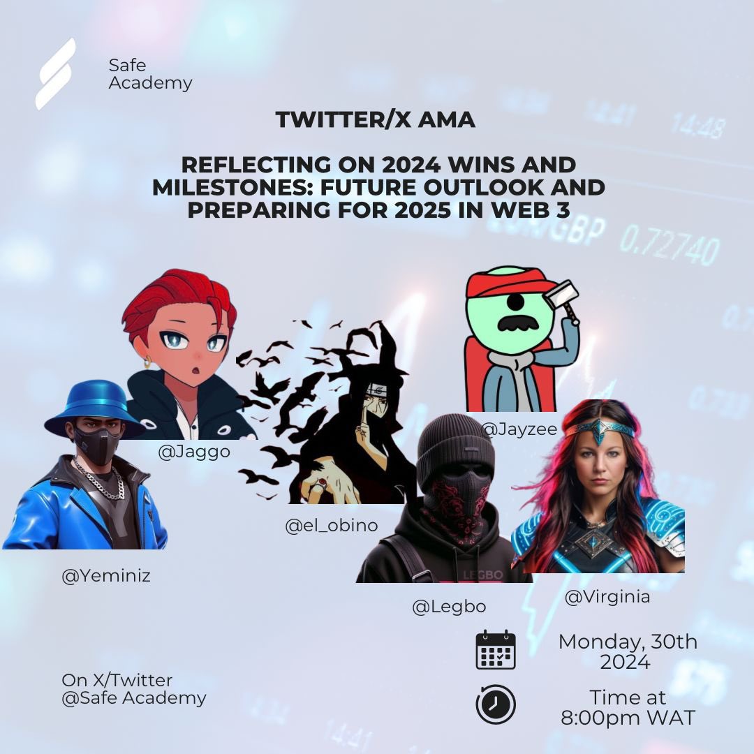 safe_academy_'s tweet image. Set a reminder for our upcoming Space! 

Our amazing speakers are:  @legbo_ , @_yeminiz , @itz_jayzee , @el_obino , @ginmprofy 

Hosted by our co-founder @Jaggo_Crypt 

LINK: