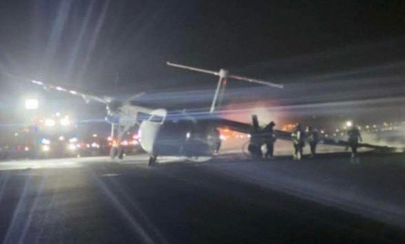 aviationbrk's tweet photo. Air Canada Express, operated by PAL Airlines, Bombardier DHC-8-402Q substantially damaged in a landing accident at Halifax Stanfield International Airport.

Air Canada spokesperson Peter Fitzpatrick says the plane experienced a “suspected landing gear issue” after arrival Saturday night and the aircraft was unable to reach the terminal and the crew and 73 passengers were off-loaded by bus.

Fitzpatrick says nobody on board was injured, but a spokesperson from the Nova Scotia RCMP, who responded to the incident alongside paramedics, says minor injuries were reported.