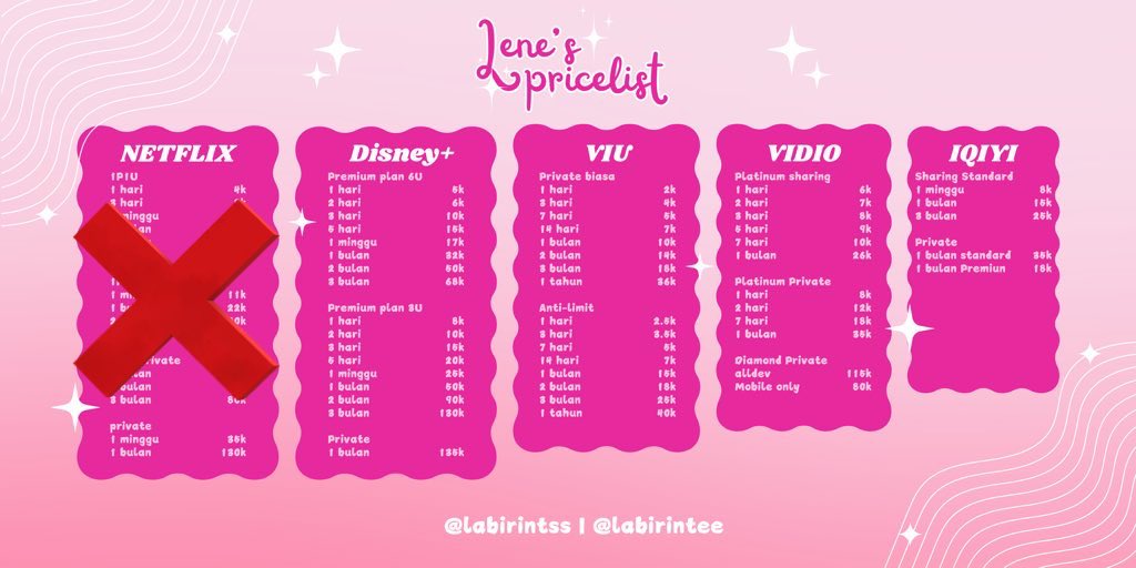 labirintss's tweet photo. Haloo!! wts wtb netflix, disney, vidio, dan app prem lainnya. di jamin murmer, cek disini buat pricelistnya🤍

   🃏 guaranteed
   🎮 fast process
   🎳 friendly supplier
   ☎️ https://t.co/8wvqBdC958
   ✉️ @labirintee / @labirintss 

[ #zonauang ] https://t.co/5tqfxUzT6Z