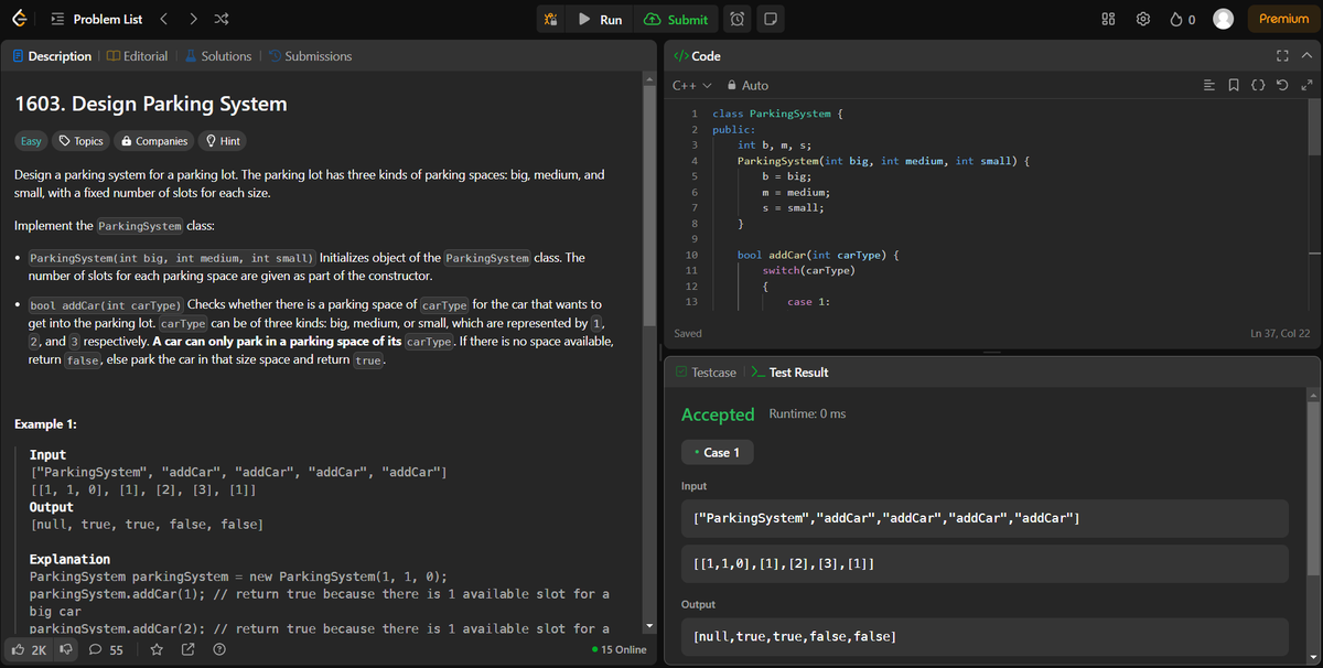 arav_mahind's tweet image. #Day18 of #30daysProductivityChallenge  
   
-- 📍Solved array related questions   
-- 💻Leetcode 
     - 1603. Design Parking System 
     - 2413. Smallest Even Multiple 
     - 3146. Permutation Difference between Two Strings 

  #buildinpublic #DSA #LeetCode #ProblemSolving