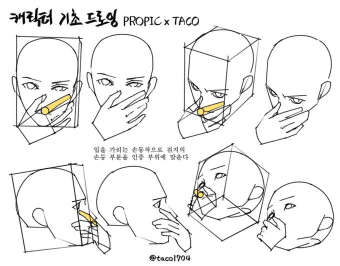 입을 가리는 손동작으로 검지의 시작 부분을 인중 부위에 맞춘다 
口を覆う手の動作で人差し指の始めを人中部位に合わせる 