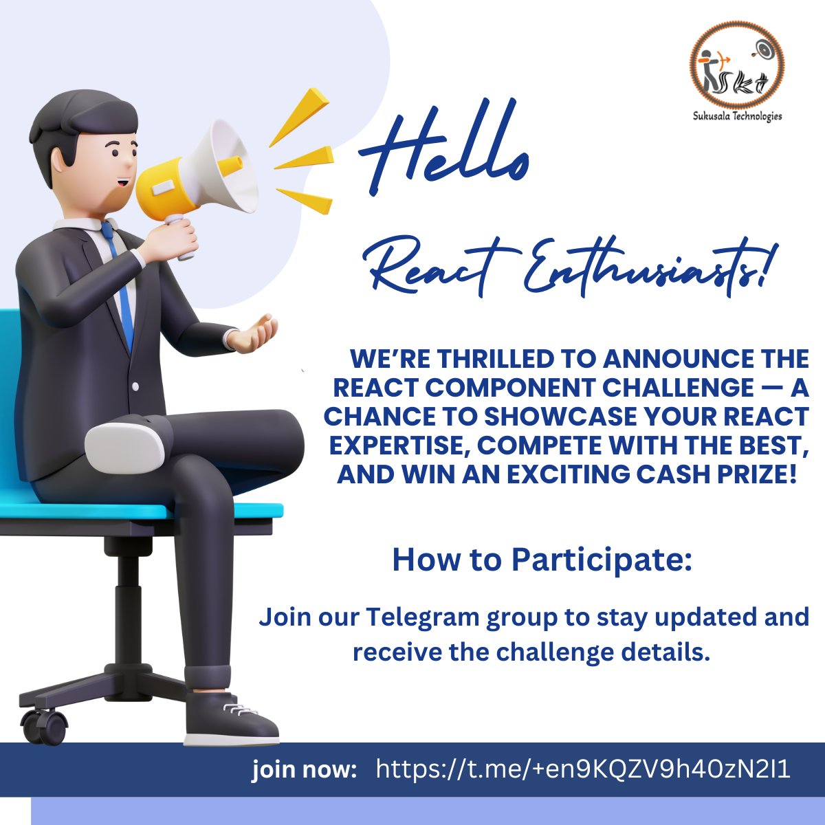 sukusalatech's tweet image. Join our Telegram Group to get all the details and updates.
Get ready to build a complex, reusable React component and compete with other talented developers!
Join here:t.me/+en9KQZV9h40zN…
#ReactChallenge #FrontendDevelopers #ReactJS #CodingChallenge #WebDev #ReactComponents