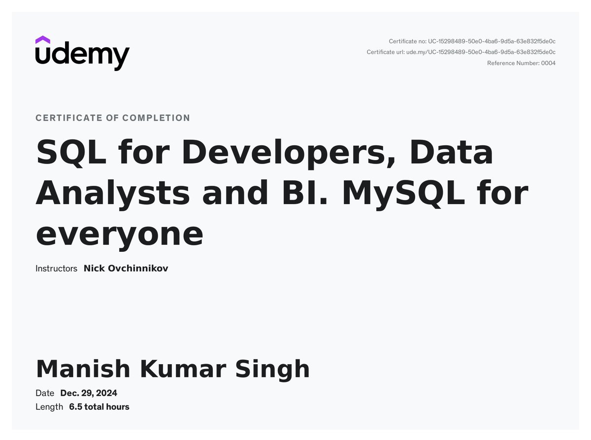 Singhji_05's tweet image. Successfully completed the Structure Query Language (SQL)on Udemy✨️
🦾 I've gained valuable knowledge in #data_manipulation #database_design #query_optimization
✍️Looking forward to applying these skills in my current role and future projects. #SQL #DataAnalysis #DataScience