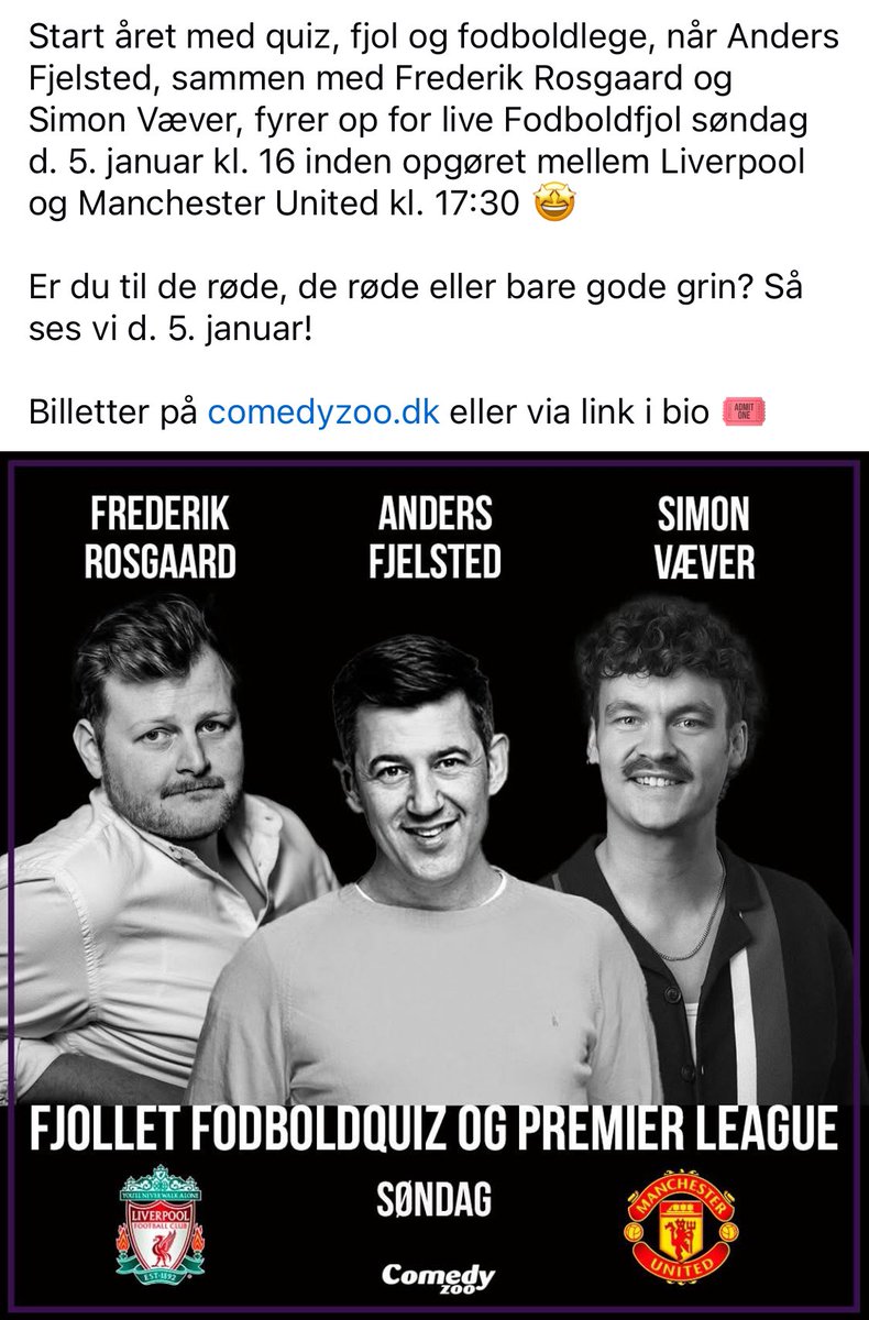 fjelsted's tweet photo. D. 5/1 viser vi Liverpool-Man. United på storskærmen på Comedy Zoo. 
Inden kampen laver vi quiz og sjov. Kom og leg med. Billetter på https://t.co/q3ATFbyFee https://t.co/t1sTaMZ34C
