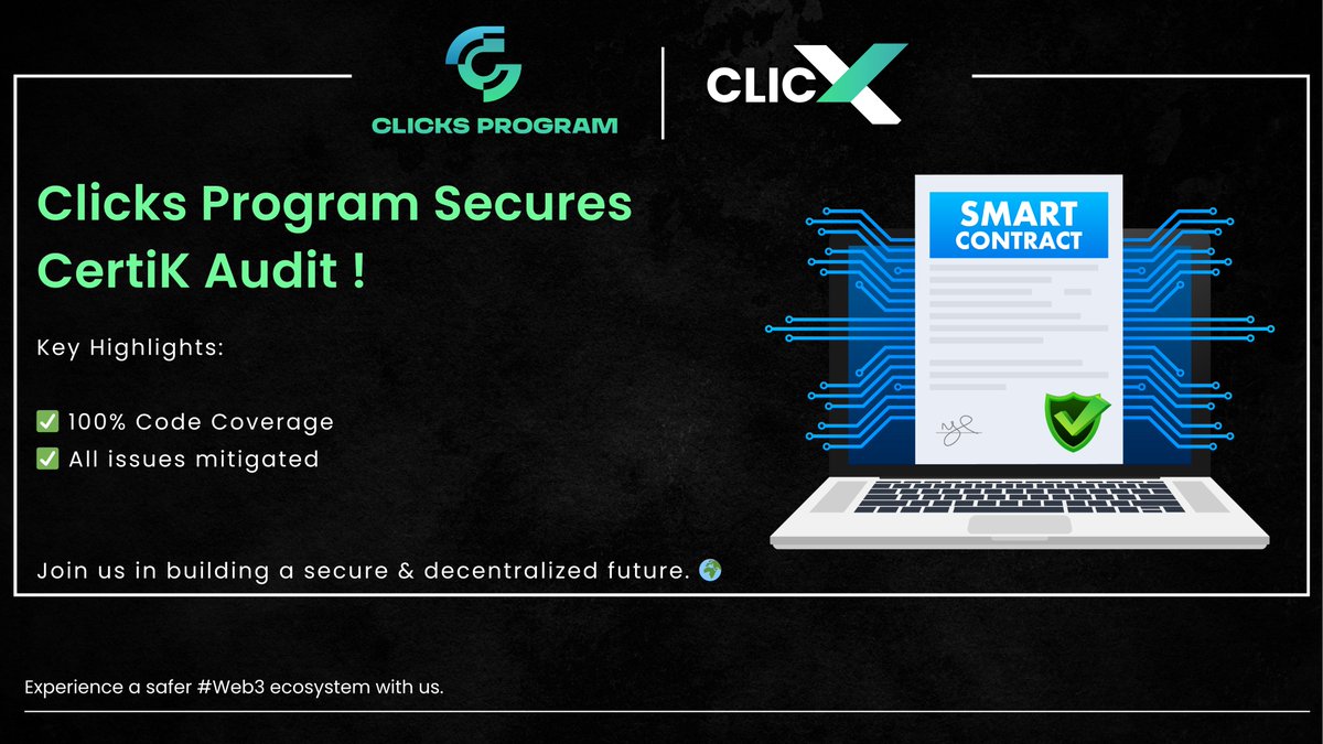 ClicksProgram's tweet image. The Clicks Program has passed the CertiK audit !

Key Highlights:

✅ 100% Code Coverage
✅ All issues mitigated

Join us in building a secure &amp;amp; decentralized future. 🌍

#ClicksProgram #BlockchainSecurity #CryptoAudit #ClicksX #Clickstoken #CDAO #Defi #Web3 #Airdrop #Blockchain…