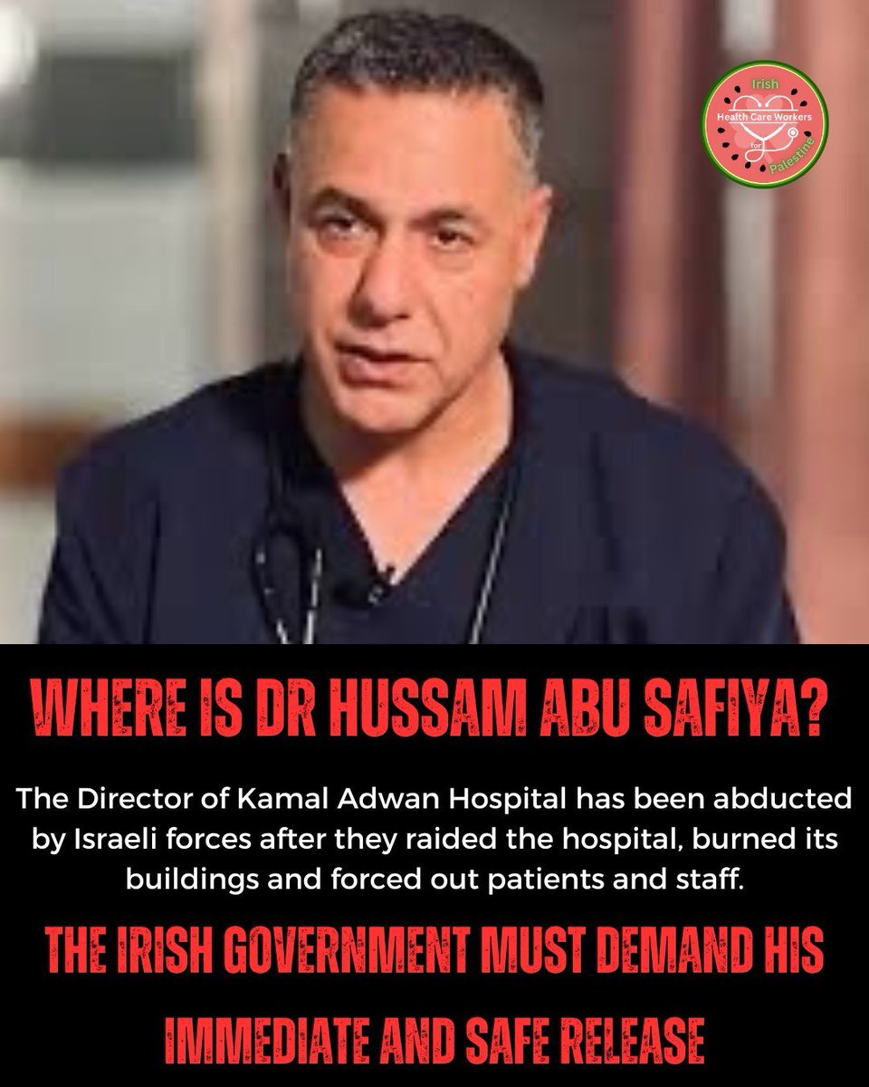 irish_hcworkers_for_palestine (@irishhcwforpal) on Twitter photo #FreeDrHussamAbuSafiya . We demand our Politicians take action to secure his release and the release of all abducted Palestinian healthcare workers. #NotATarget. <a href="/SimonHarrisTD/">Simon Harris TD</a> <a href="/MichealMartinTD/">Micheál Martin</a> #FreeDrHussamAbuSafiya . We demand our Politicians take action to secure his release and the release of all abducted Palestinian healthcare workers. #NotATarget. <a href="/SimonHarrisTD/">Simon Harris TD</a> <a href="/MichealMartinTD/">Micheál Martin</a>