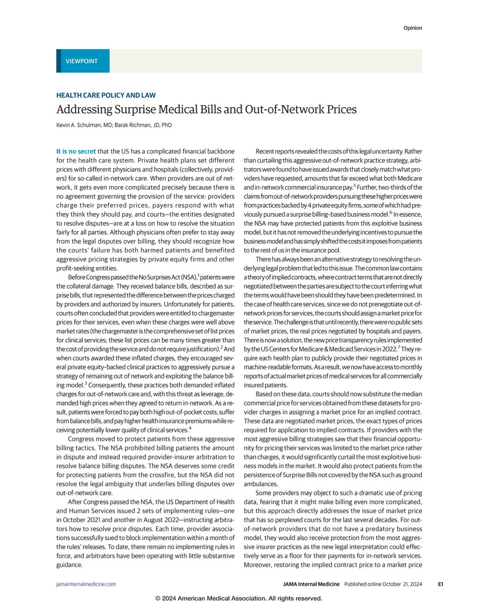 Viewpoint from <a href="/kevin_schulman/">Kevin Schulman</a> and <a href="/BarakRichman/">Barak Richman</a> discusses the impact of the No Surprises Act on billing disputes for out-of-network medical care. ja.ma/4f4DSOD