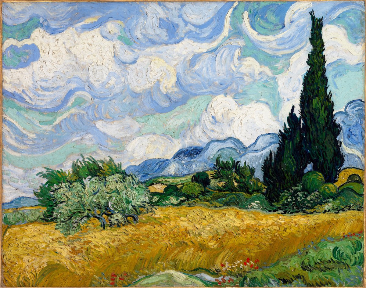 vangoghmuseum's tweet photo. Explore Van Gogh’s brushstrokes in ‘Wheat Field with Cypresses’ 🖌️💦 By June 1889, cypresses were central to his work. His dynamic, thick brushstrokes shine in this painting. See the colours up close in the 2nd, 3rd and 4th photos.
🖼️ &amp; 📸 © The MET https://t.co/2paL6R3cHy