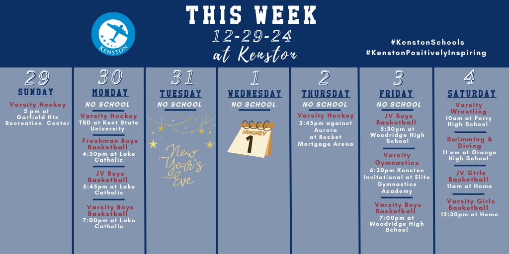 Kenston's at-a-glance schedule of events for the week of December 29. 
#KenstonSchools #KenstonPositivelyInspiring