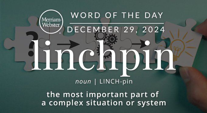 Merriam-Webster Word of the Day December 29, 2024 'linchpin' noun | LINCH-pin "the most important part of a complex situation or system" Background Image: Puzzle pieces being fit together