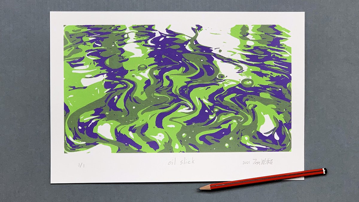 In 2021 <a href="/dribnet/">tom white</a> created some the earliest text-to-image AI artworks investigating how machines express color and form through language. 🧵
(photo: "oil slick", hand silkscreen)
