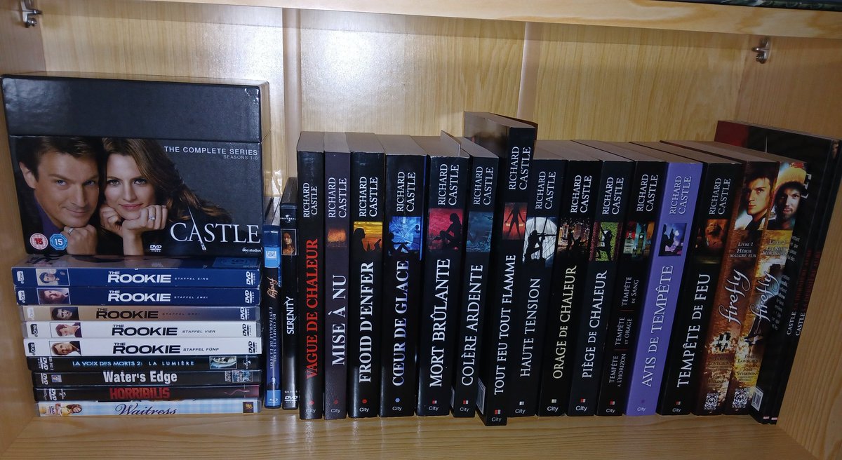 CelPsych's tweet photo. 📀📚 Everything now fits on one single shelf. 🥰 #castle #therookie #whitenoise2 #firefly #serenity #nathanfillion #richardcastle #books #thriller #book #dvd #bluray #rickcastle #booklover #derrickstorm #tvshow #movie #bookaddict @Castle_ABC @therookie @NathanFillion #therookieabc