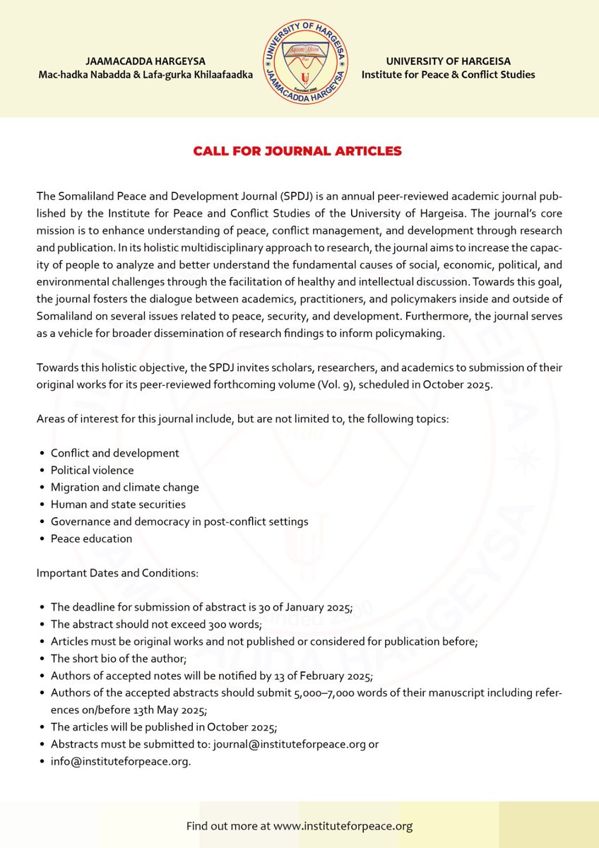 The Somaliland Peace and Development Journal (SPDJ) is welcoming new submissions to its peer-reviewed forthcoming volume (Vol. 9), scheduled in October 2025.