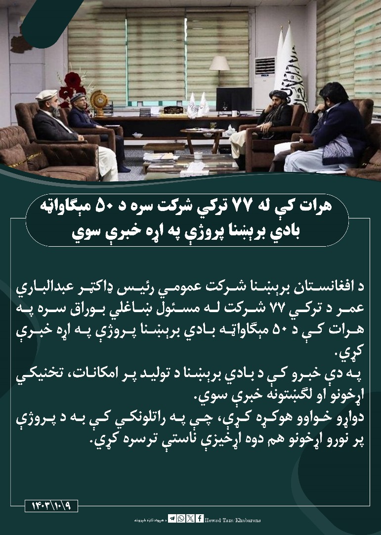 هرات کې له ۷۷ ترکي شرکت سره د ۵۰ مېګاواټه بادي برېښنا پروژې په اړه خبرې سوي