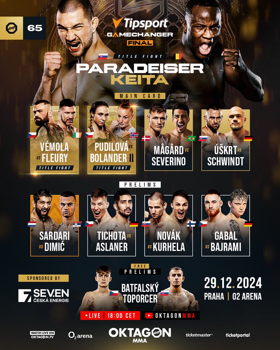OktagonOfficial's tweet photo. 🔥 IT’S FIGHT DAY 🔥

The best card in OKTAGON MMA history, OKTAGON 65, goes down tonight!

💰 Paradeiser vs. Keita 💰
🏆 Vémola vs. Fleury 🏆
🏆 Pudilová vs. Bolander 🏆
🦈 Mågård vs. Severino 💥

📺 https://t.co/TVP7NaEp1x | DAZN | RTL+
⏰ 5pm🇬🇧🇮🇪/6pm🇨🇿🇩🇪🇵🇱/12pmET🇺🇸 https://t.co/2QjTAcCDrq