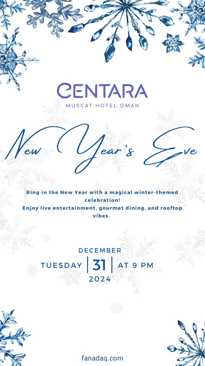 fanadaq's tweet photo. Celebrate New Year’s Eve at Centara Muscat Hotel! ❄️
Theme: Winter Wonderland
🎶 Live music, rooftop vibes, and a buffet feast!
🤍 Dress Code: White
🎉Book now and enjoy 20% off! https://t.co/eMk41jEJq4