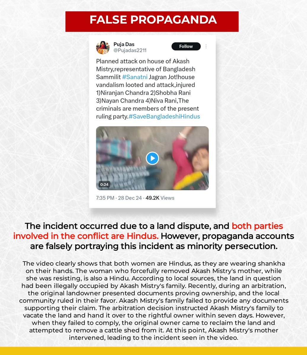 Sohan_RSB's tweet photo. Look at this propaganda! This handle shared this video as an example of minority persecution.

In reality, both parties involved in this incident are Hindus. According to a local source, one party was illegally* occupying the land, while the other reclaimed their rightful ownership through arbitration. When they went to take possession of the land, the previous occupiers resisted—just a typical land dispute—leading to the scene in the video, where the rightful owner* was removing structures belonging to the previous occupier, and an elderly woman was resisting.

This video is now being falsely circulated as an example of communal minority persecution.