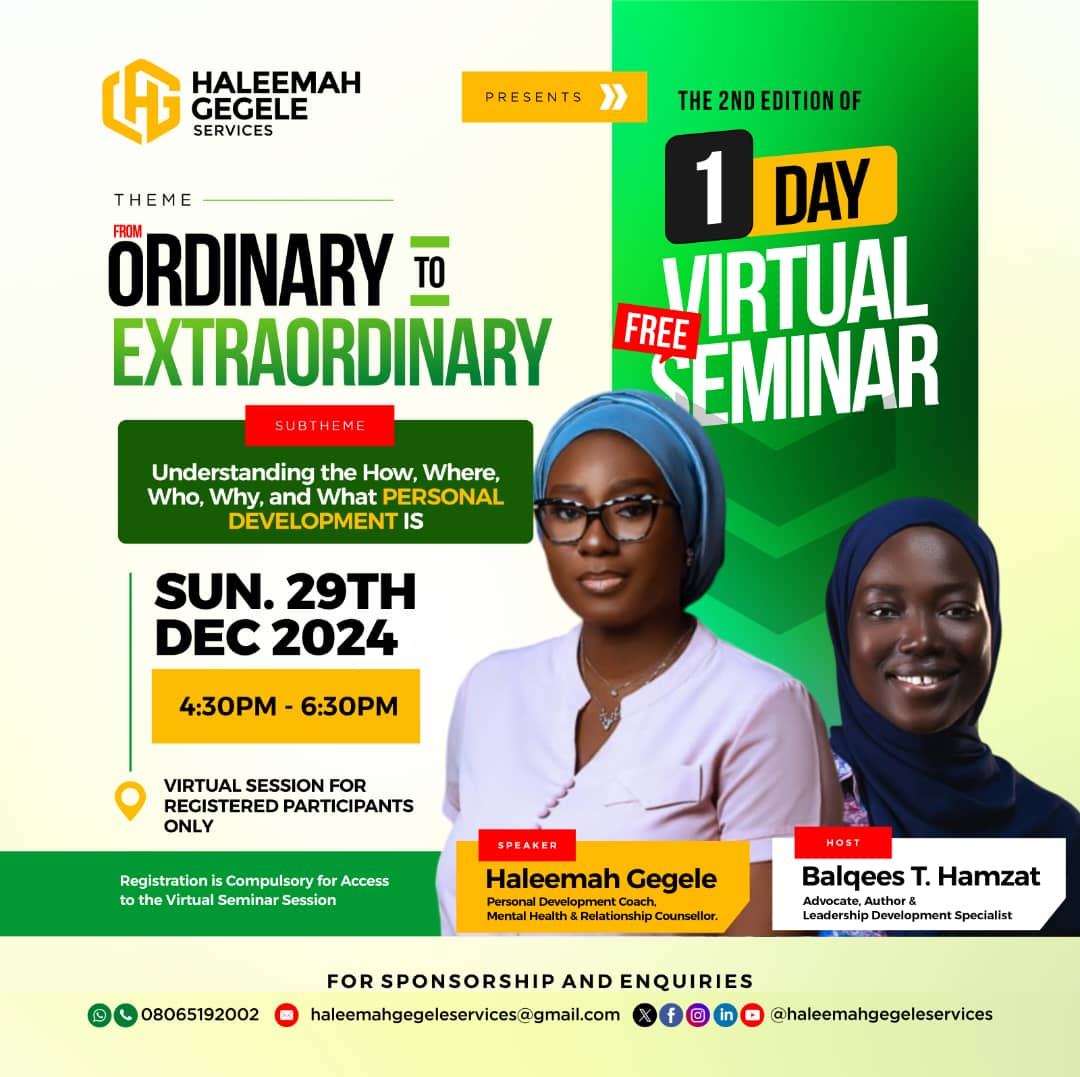 Free growth opportunity for 2025.

<a href="/HaleemahGegele/">Haleemah Gegele</a> an Exceptional Personal Development Practitioner is inviting you to the second edition of *Ordinary to Extraordinary 2024.*

Click 👇🏾 to secure your spot now for it's happening today at 4:30 pm.

forms.gle/NWQyTkj6dR7kya…