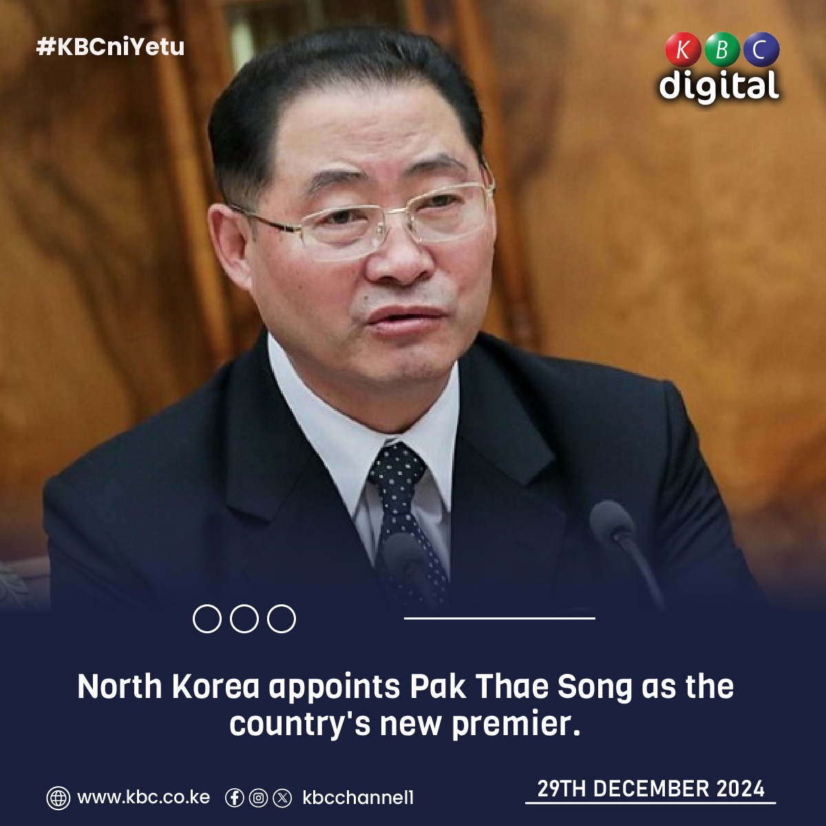 KBC Channel 1 News on X: North Korea appoints Pak Thae Song as the country's new premier. #KBCniYetu^EM https://t.co/Ef1H4GC9pF / X KBC Channel 1 News on X: North Korea appoints Pak Thae Song as the country's new premier. #KBCniYetu^EM https://t.co/Ef1H4GC9pF / X