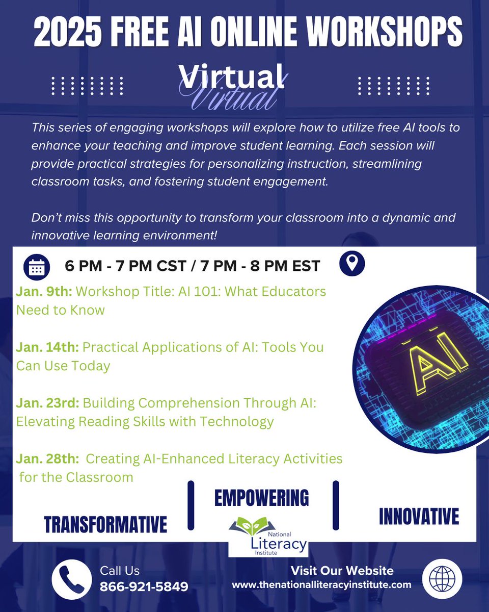 📢 FREE Workshops for Educators! 🚀
✨ Learn how AI is transforming education &amp; walk away with tools you can use NOW!
📅 Dates: Jan. 9, 14, 23, 28
📍 Virtual
💻 Don’t miss this chance to stay ahead in education!