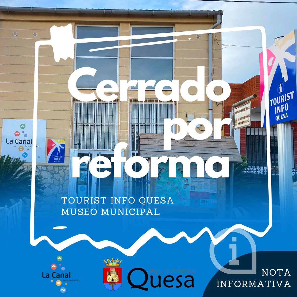 lacanalturismo's tweet photo. 𝗡𝗢𝗧𝗔 𝗜𝗡𝗙𝗢𝗥𝗠𝗔𝗧𝗜𝗩𝗔 ℹ️
La oficina #TouristInfoQuesa y Museo Municipal de #Quesa, permenecerán cerrados por reforma temporalmente desde el 1 de enero de 2025. El servicio de infomación turística se mantiene en las vías de contacto:
☎️ 962256142
📧 quesa@touristinfo.net https://t.co/J9VDLI2XKZ